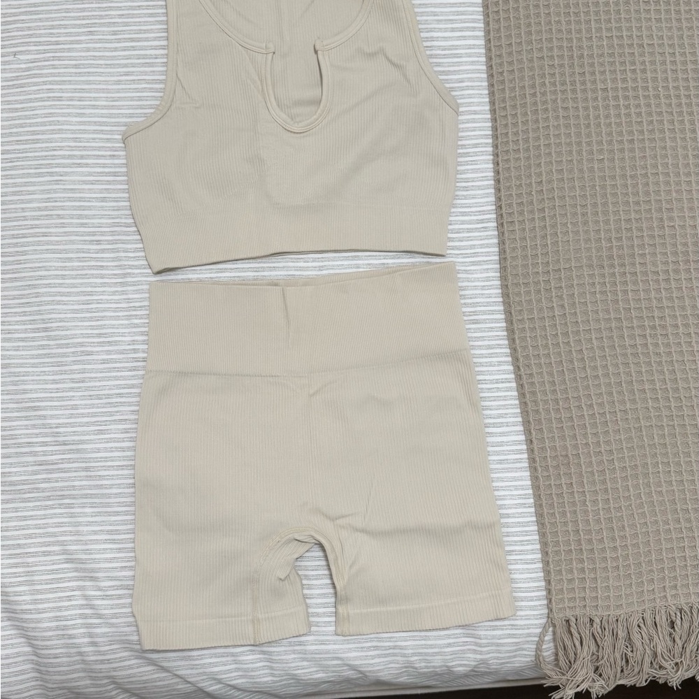 Beige Ribbed Shorts & sports bra set